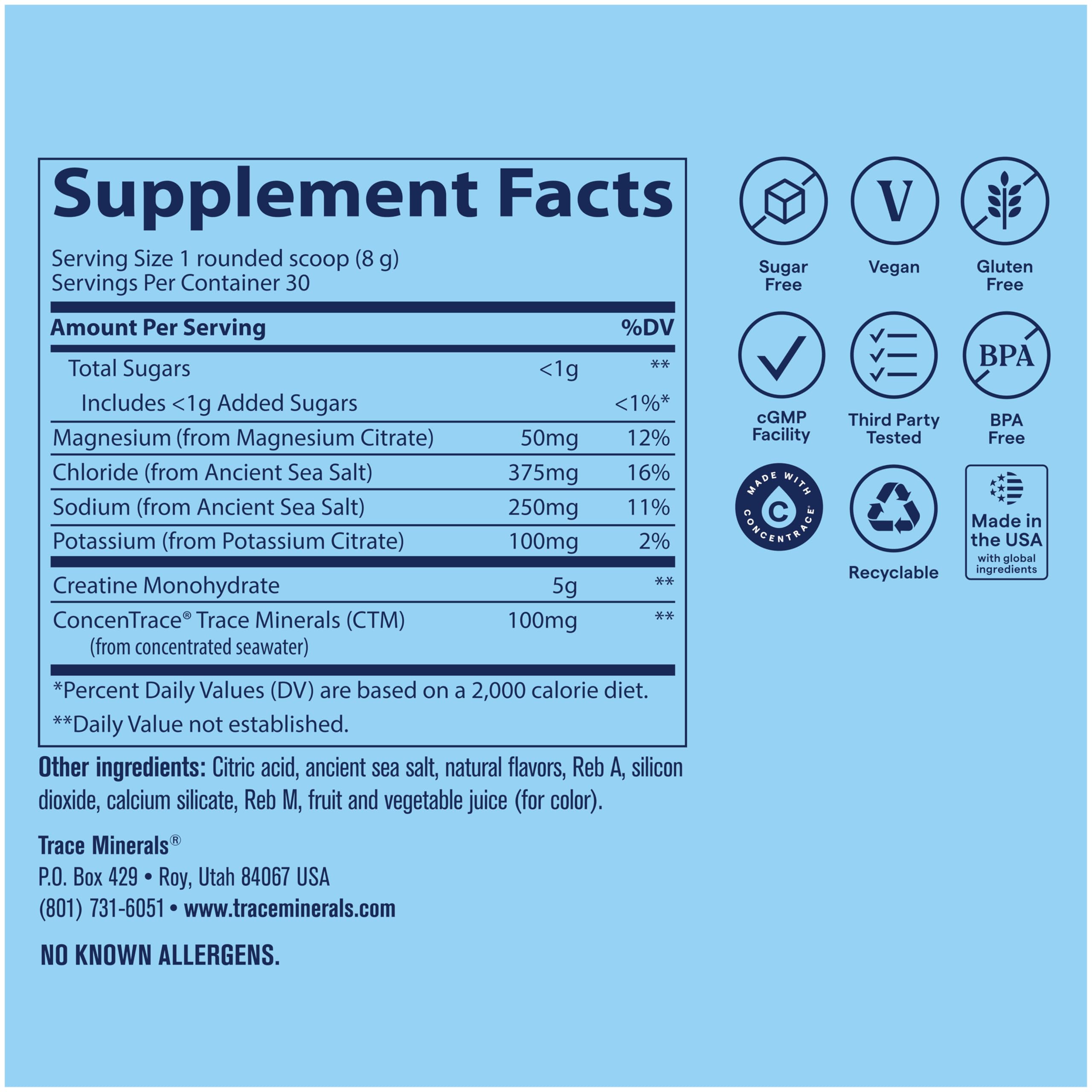 Trace Minerals bebida disuelta en vaso, hidratación rápida y sabor tropical