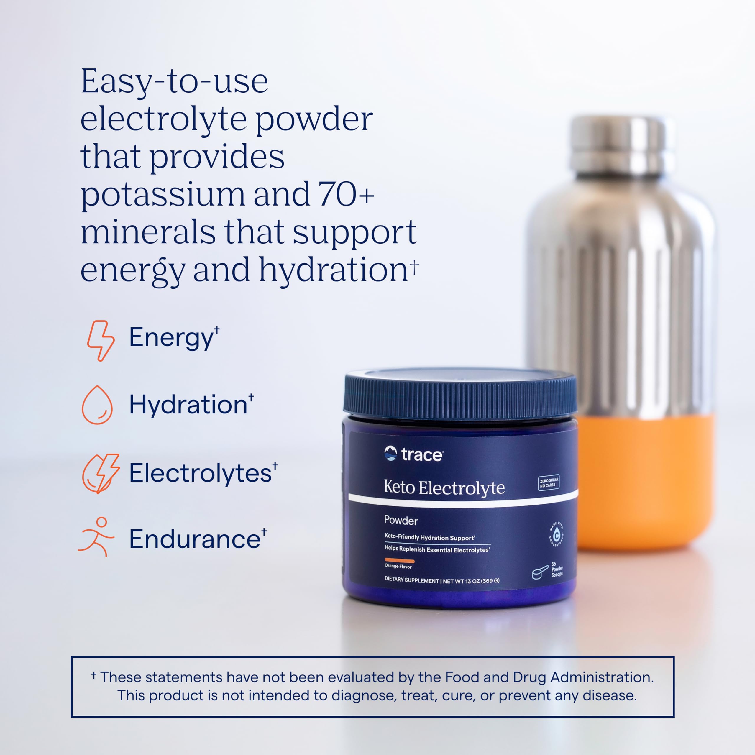 Trace Minerals polvo naranja textura cercana mostrando mezcla fácil y sin grumos