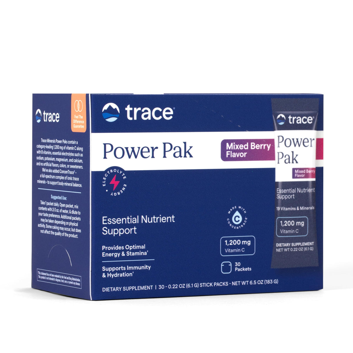 Trace Minerals frente del empaque mostrando 30 sobres y beneficios clave