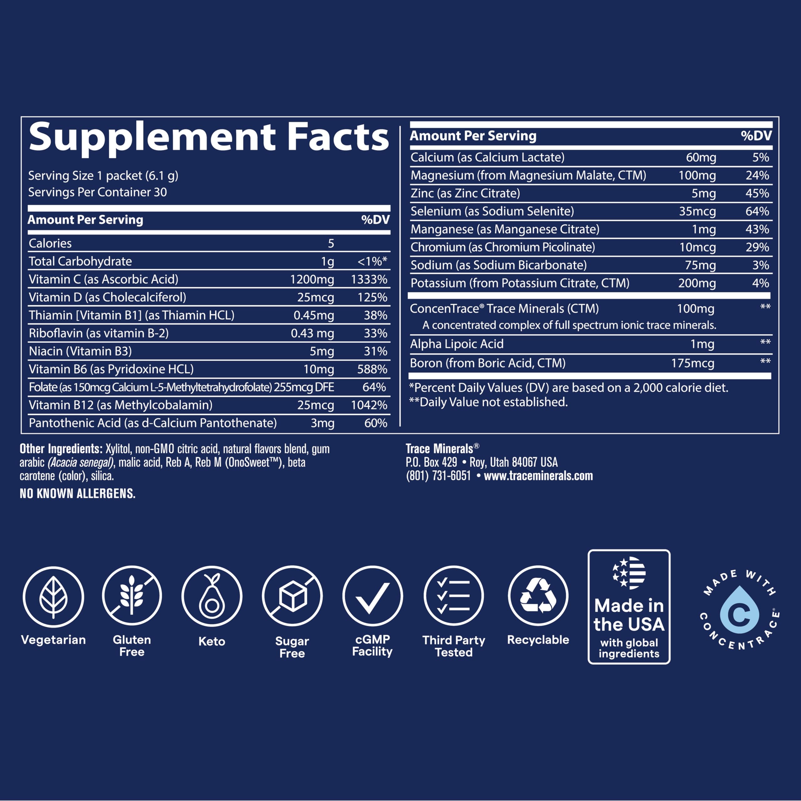 Trace Minerals sobre disuelto en vaso, bebida lista para hidratación rápida