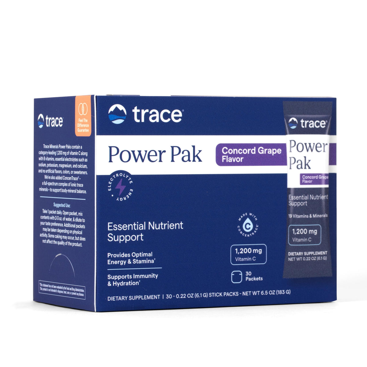 Trace Minerals sobre frontal con diseño y sabor Concord Grape mostrando conveniencia