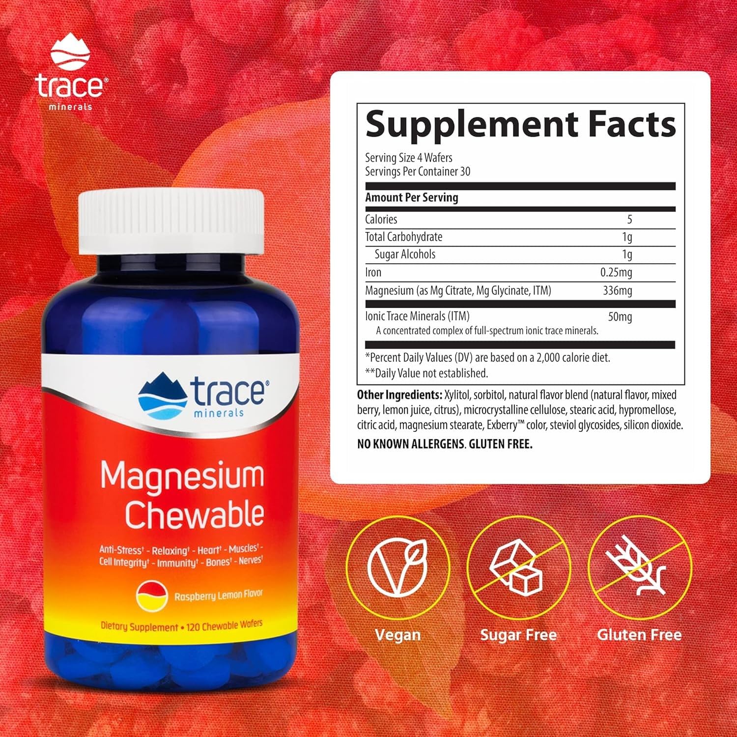 Trace Minerals tabletas masticables apiladas, muestra formato conveniente y sin azúcar