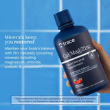 Trace Minerals botella en mano para comparar escala y volumen de 30 fl oz