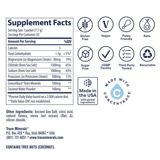Trace Minerals polvo disolviéndose en agua clara para hidratación rápida