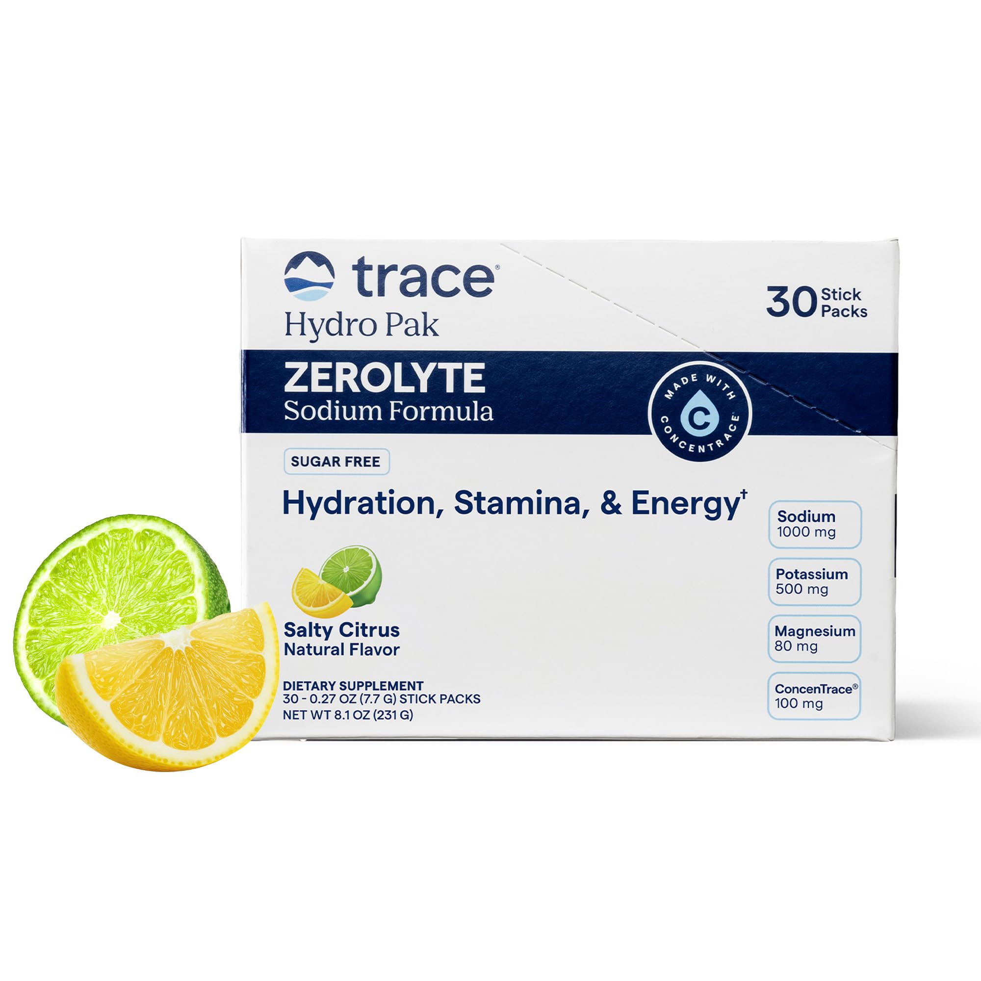 Trace Minerals empaque frontal mostrando 30 sobres y beneficio de hidratación