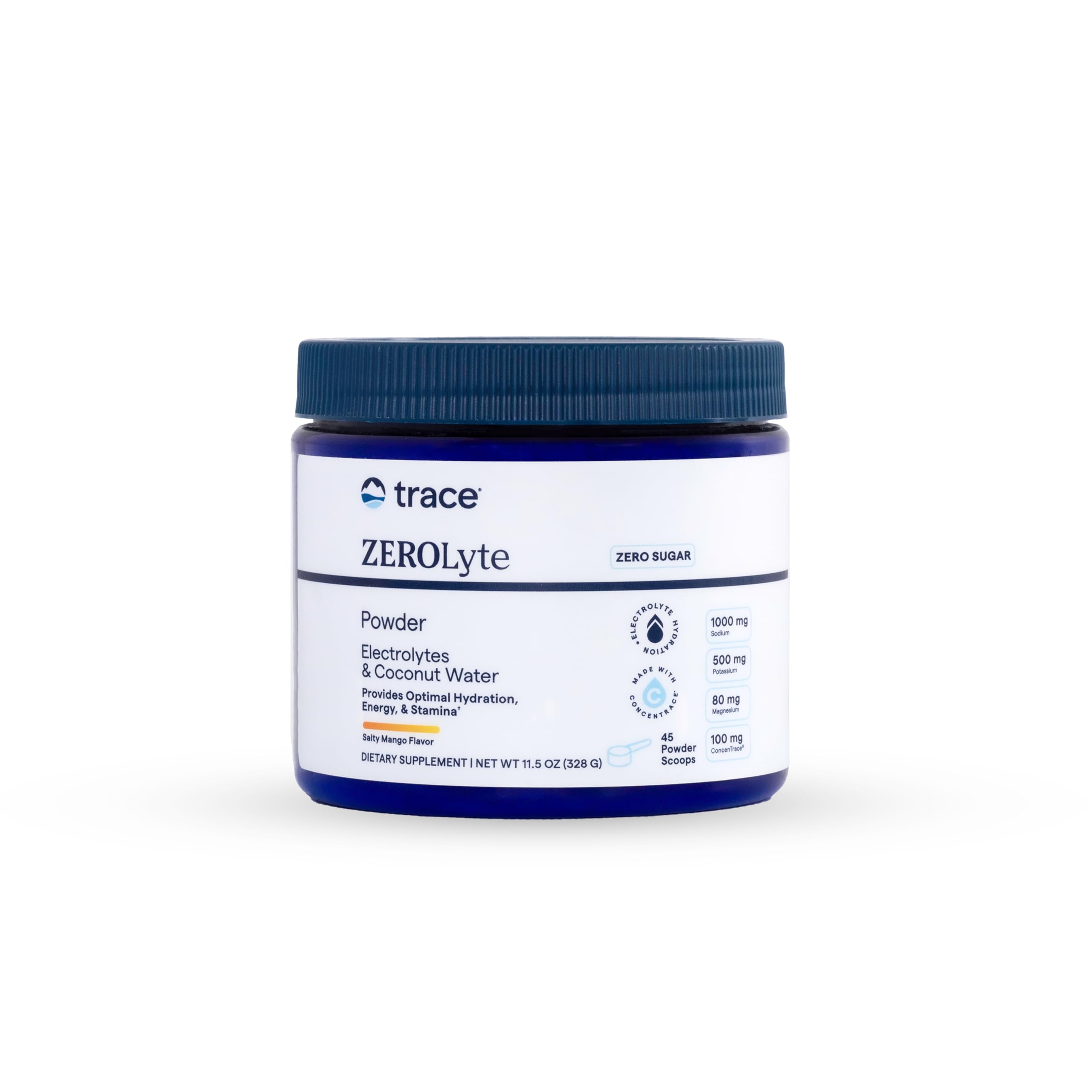 Trace Minerals envase ZeroLyte Salty Mango mostrando etiqueta clara y beneficios