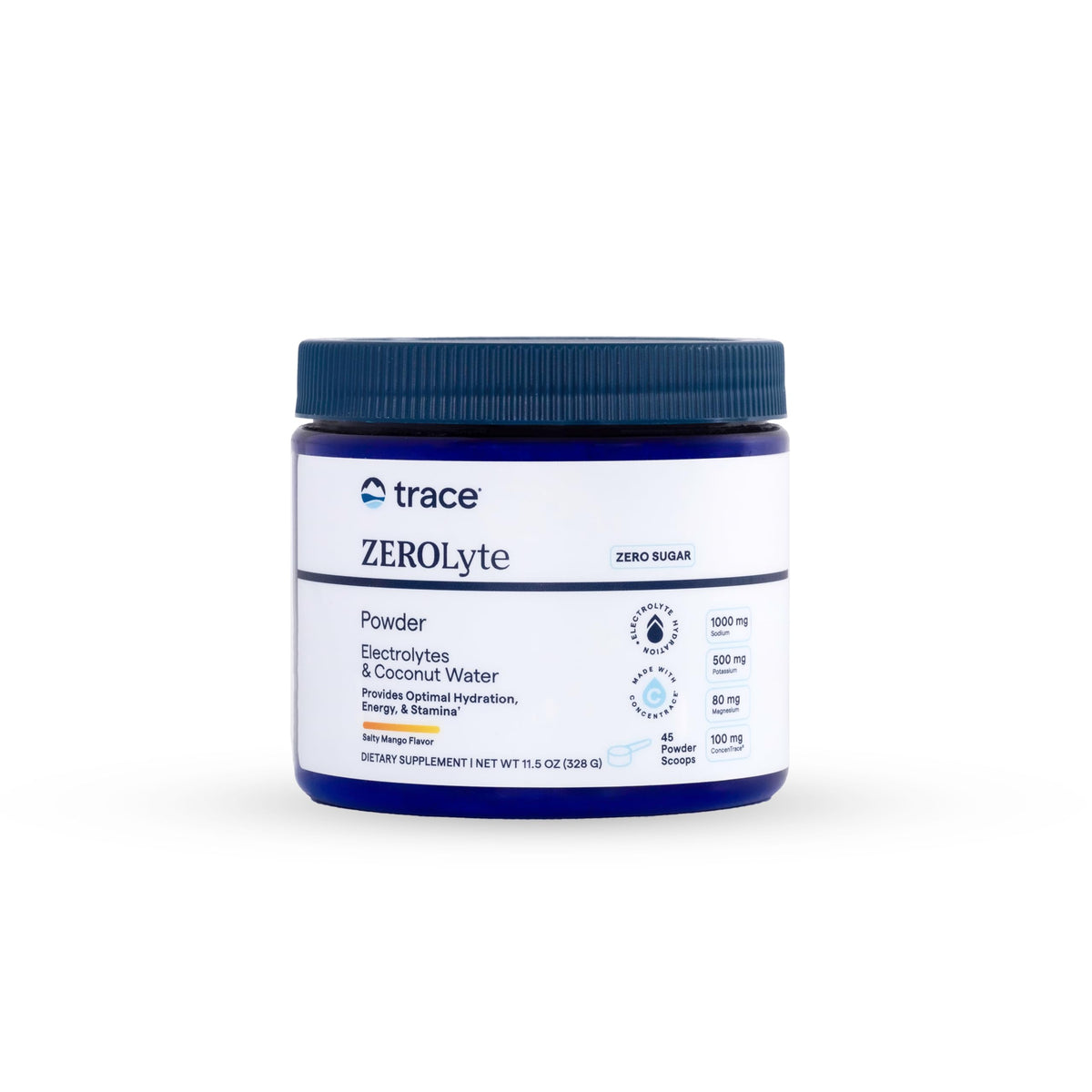 Trace Minerals envase ZeroLyte Salty Mango mostrando etiqueta clara y beneficios