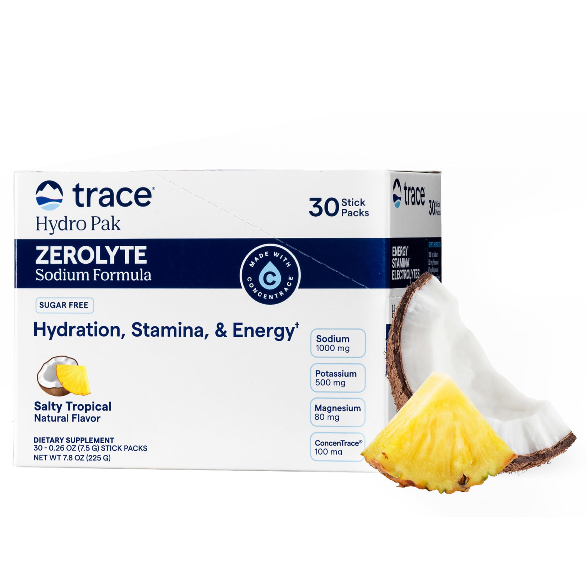 Trace Minerals frente del paquete mostrando 30 sobres y beneficios de hidratación