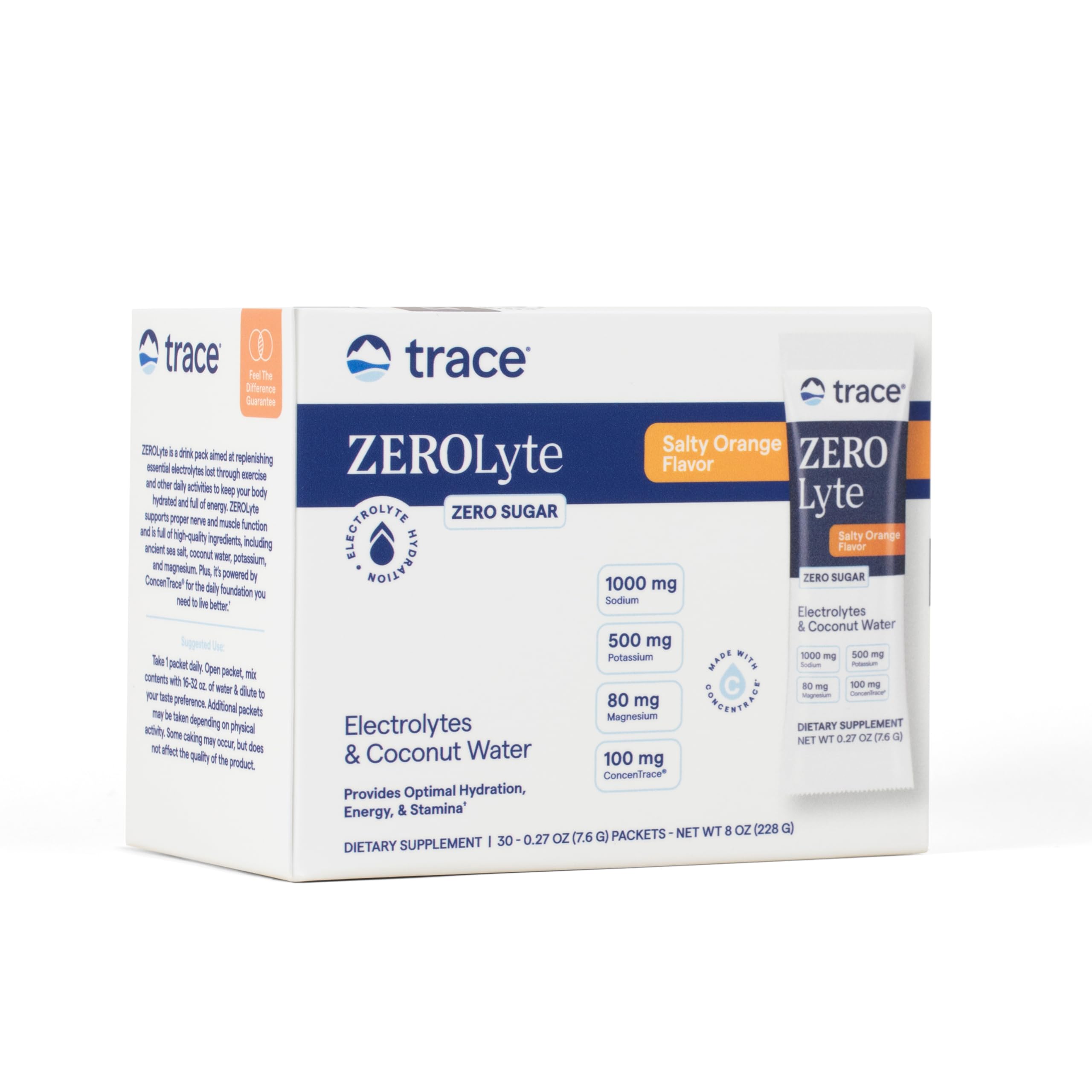 Trace Minerals empaque frontal mostrando 30 sobres y beneficio portabilidad