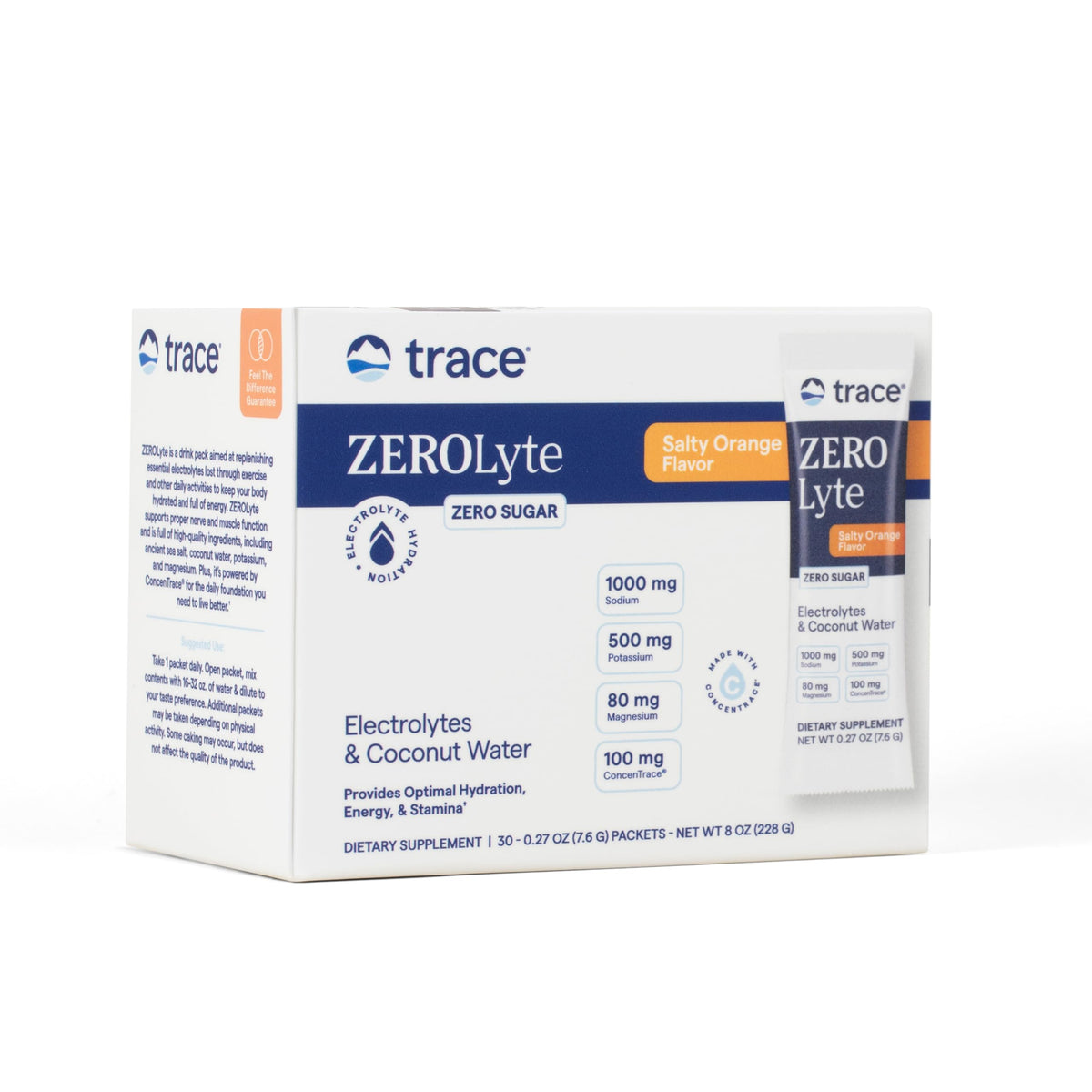 Trace Minerals empaque frontal mostrando 30 sobres y beneficio portabilidad