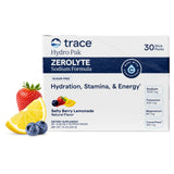 Trace Minerals ZeroLyte frente del paquete mostrando 30 sobres, hidratación práctica