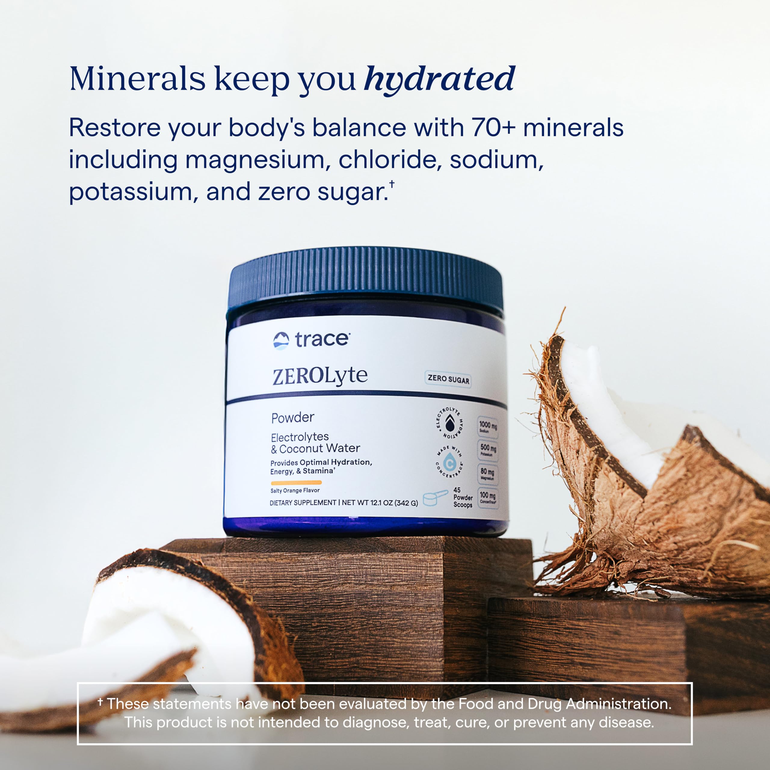 Etiqueta del producto Trace Minerals ZeroLyte destacando ingredientes y origen mineral