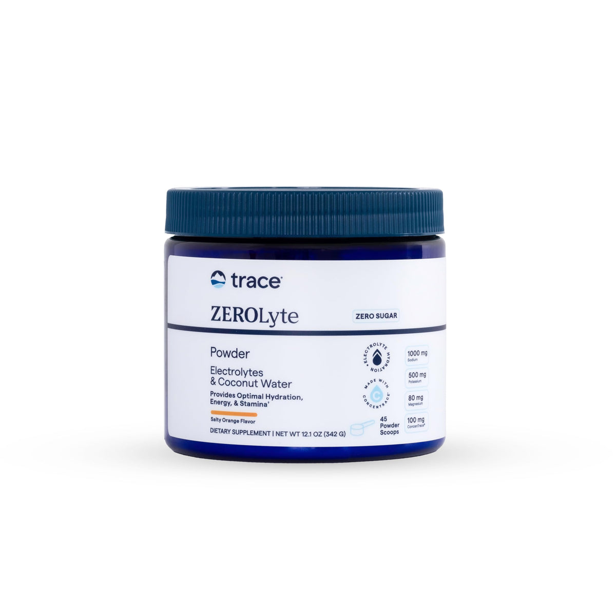 Trace Minerals envase ZeroLyte Salty Orange mostrando 45 raciones y beneficio de conveniencia