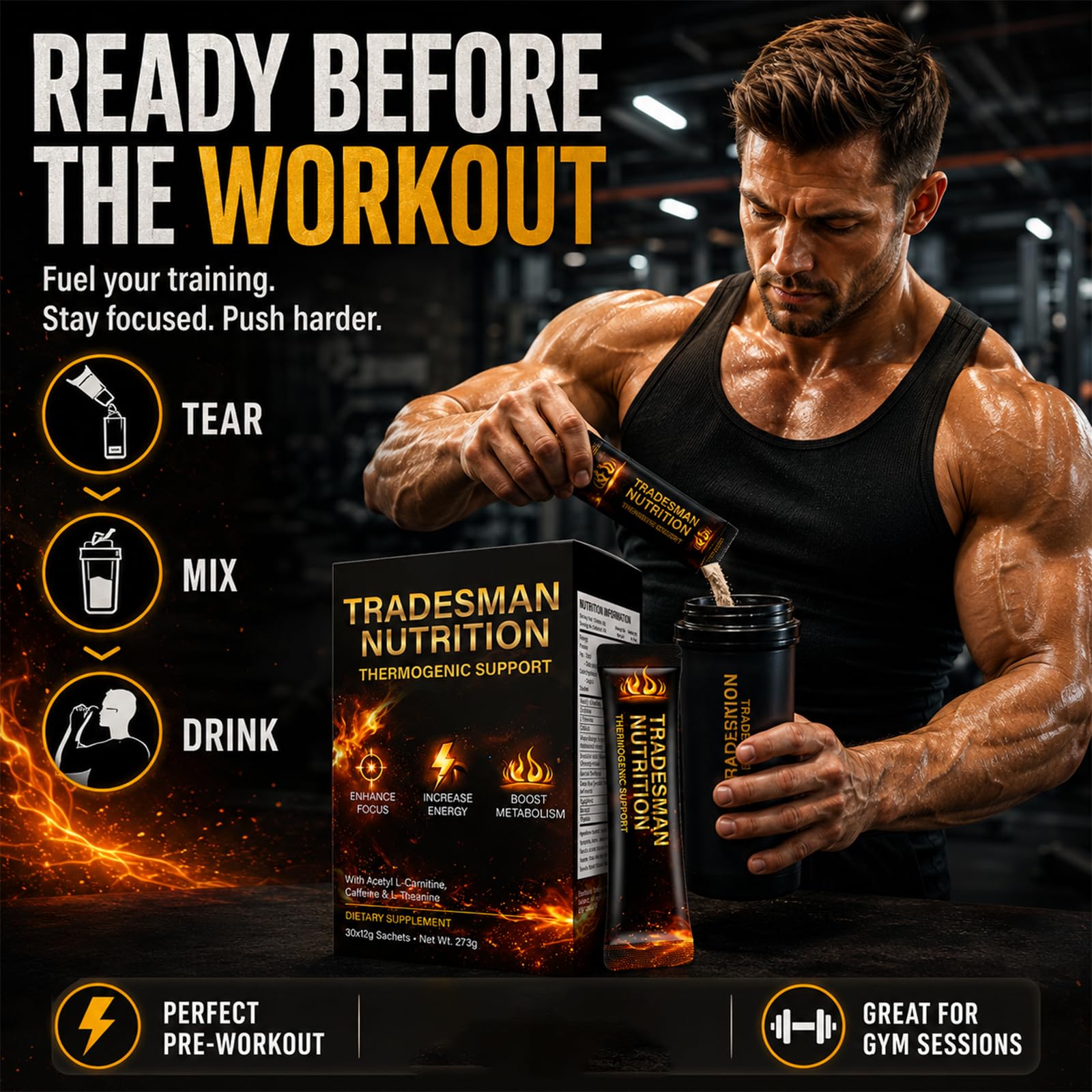 TRADESMAN NUTRITION atleta mezclando un sachet antes de entrenar para energía