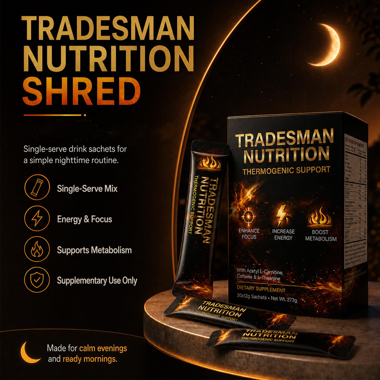 TRADESMAN NUTRITION sachet abierto con polvo, mezcla fácil de disolver