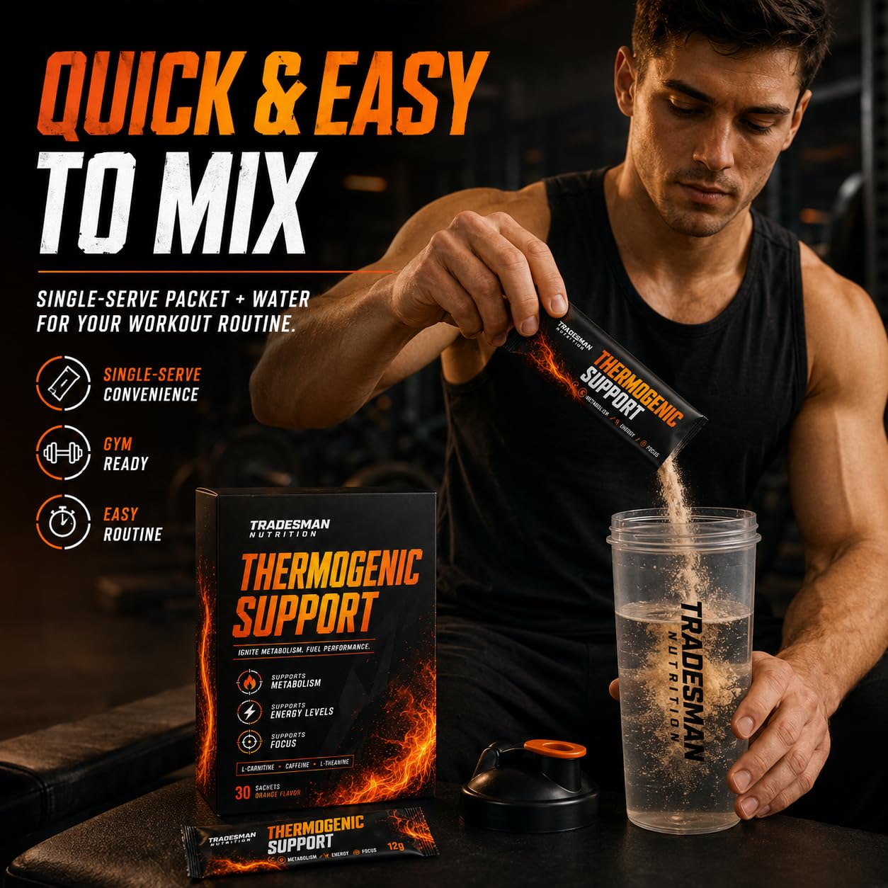 TRADESMAN NUTRITION bebida naranja en vaso refrescante y energética