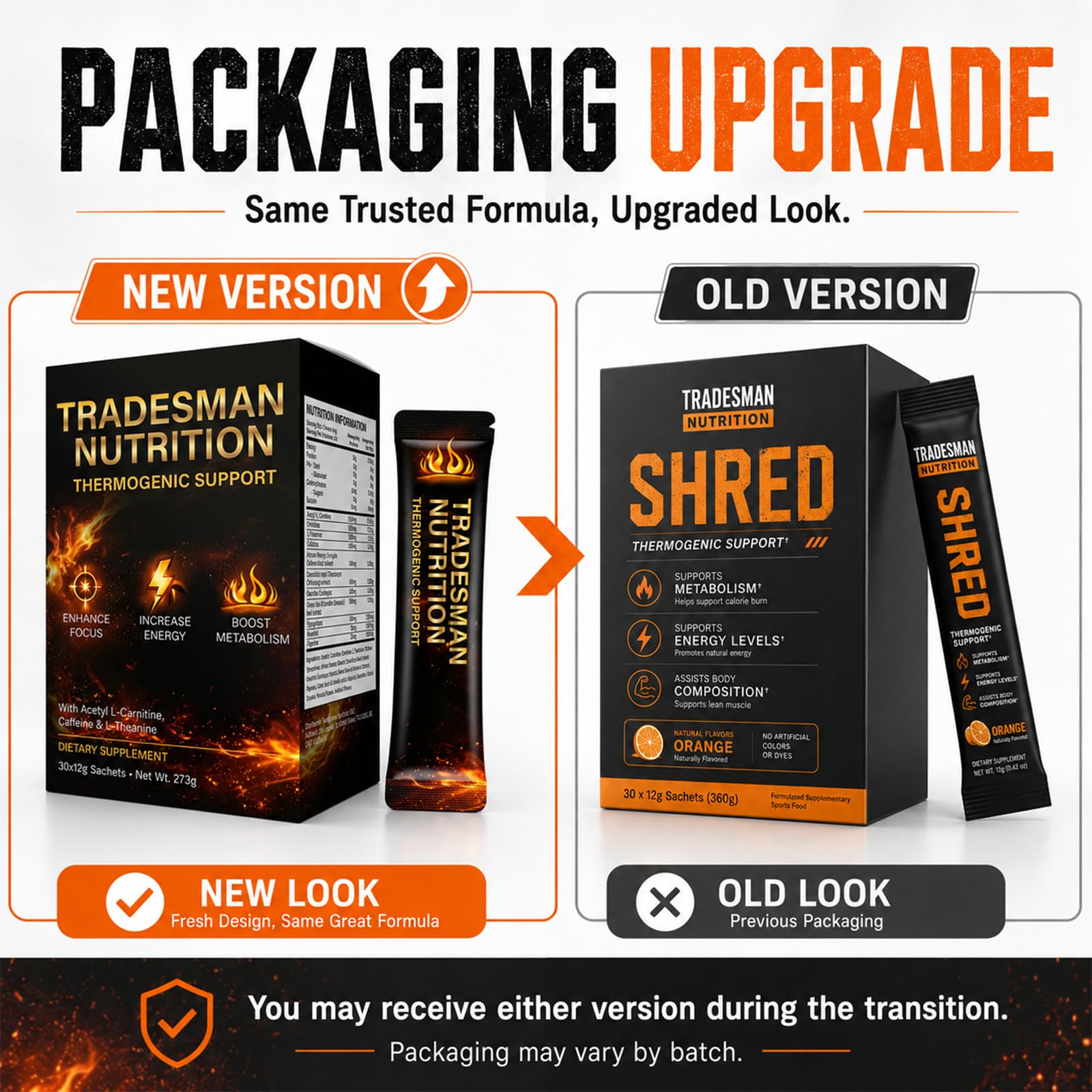 TRADESMAN NUTRITION varios sobres dispuestos para transporte fácil