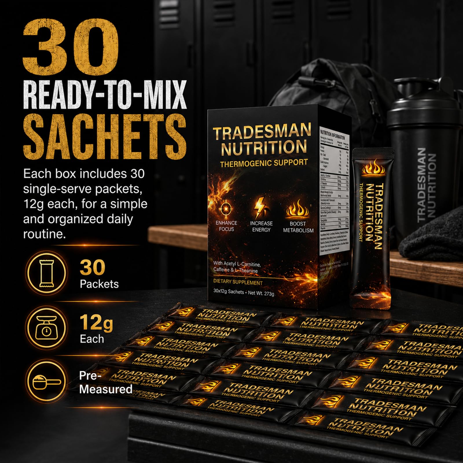TRADESMAN NUTRITION sobres dentro de un bolso listos para llevar