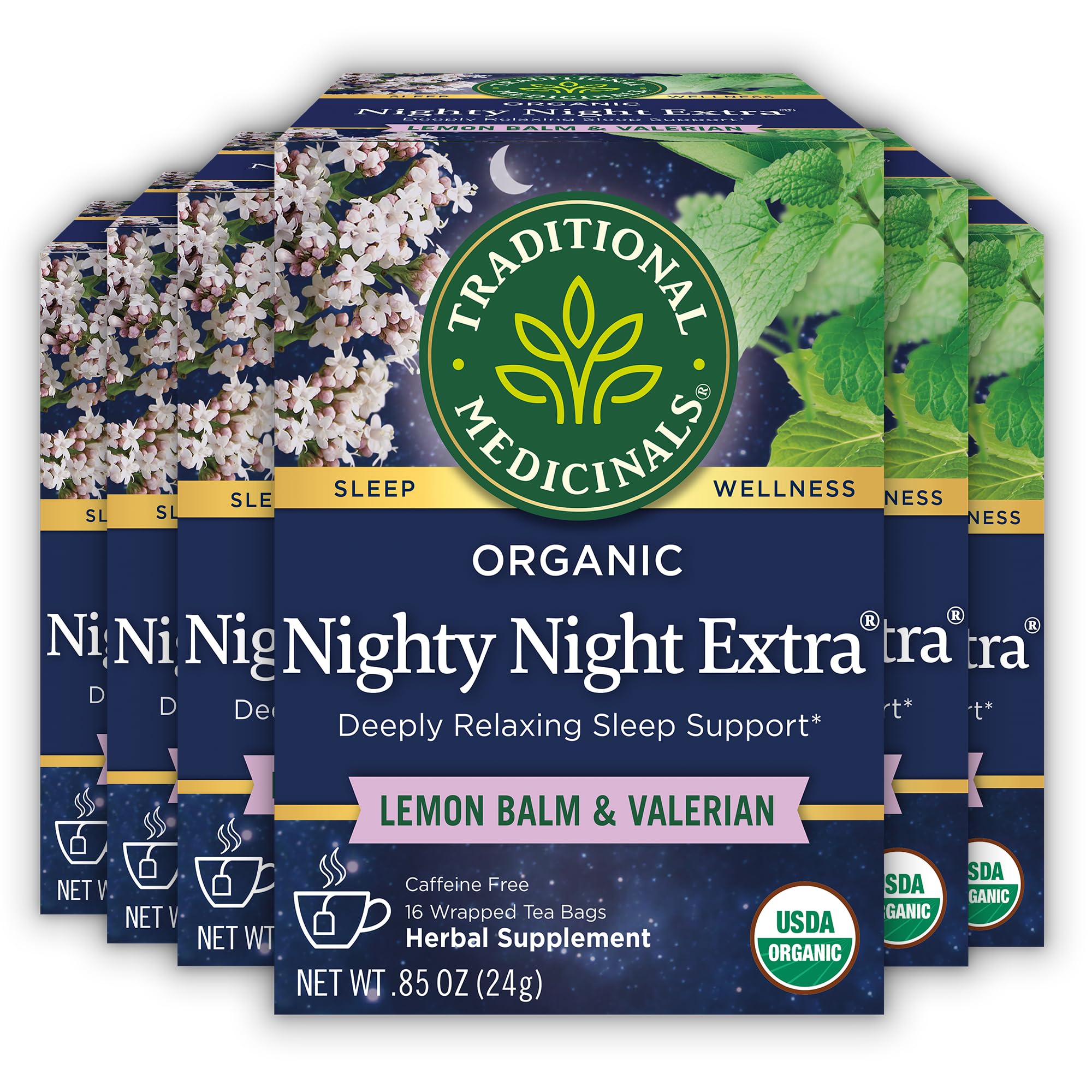 Traditional Medicinals frontal del paquete mostrando marca y cantidad, transmite confianza