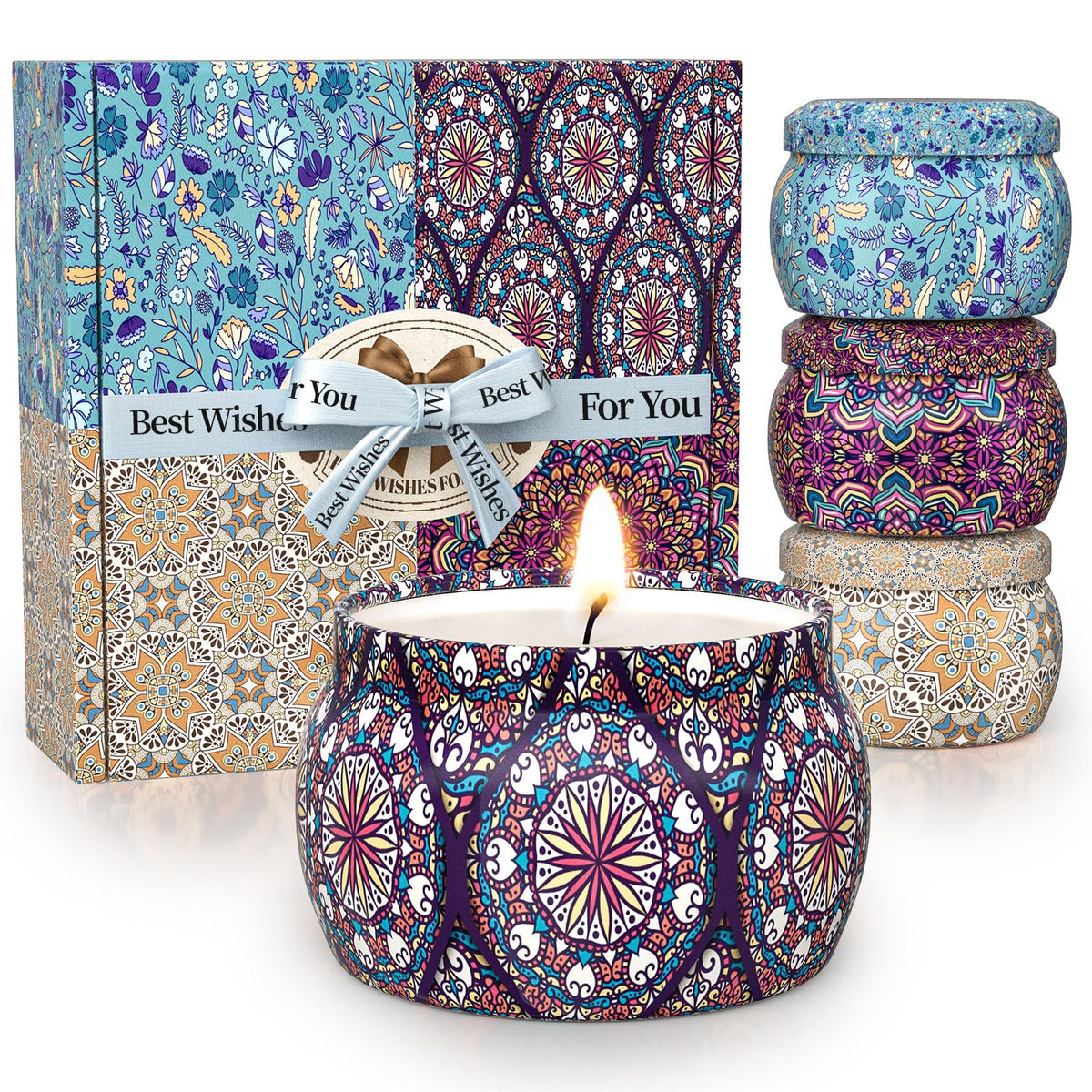 TranquilBliss frente del paquete mostrando las cuatro velas y beneficios aromáticos