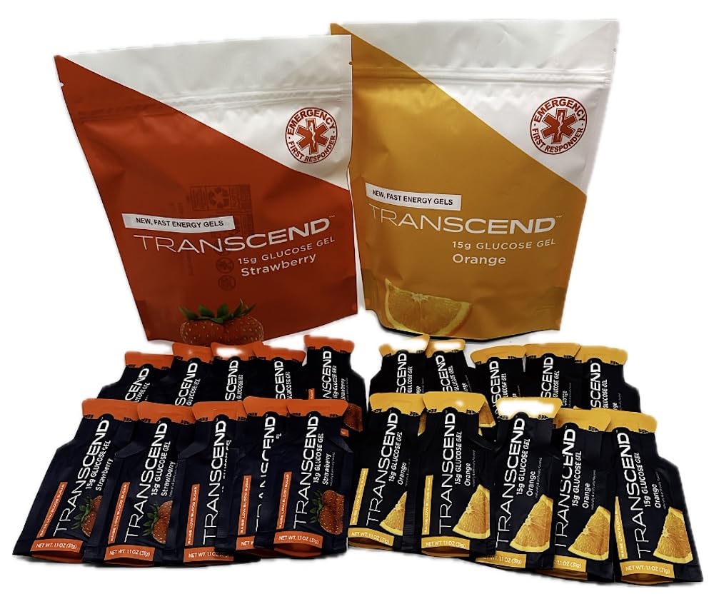 Transcend empaque frontal mostrando surtido naranja y fresa y beneficios portátiles