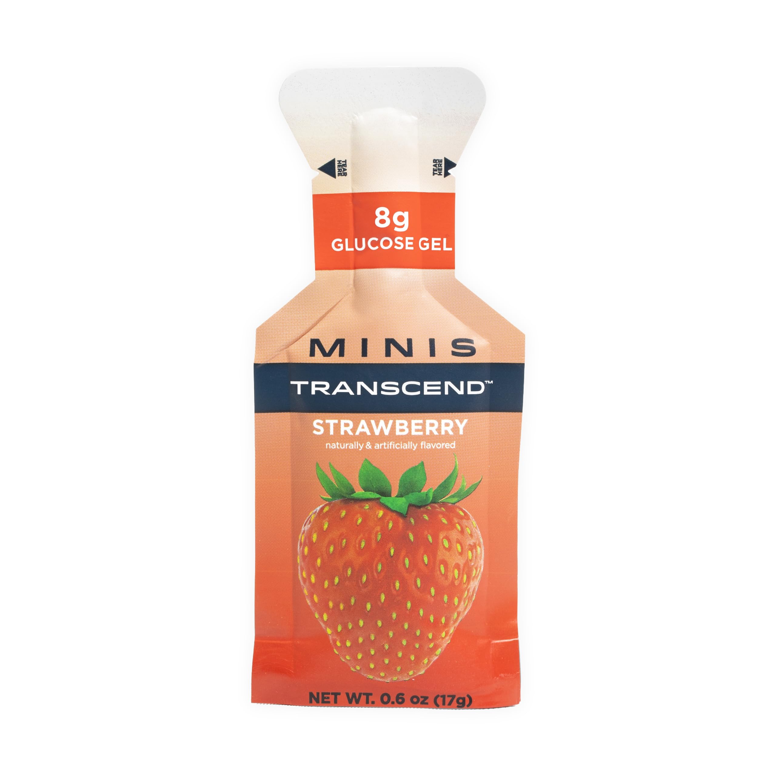 Transcend empaque frontal mostrando sabor fresa y paquete de 12 para fácil identificación