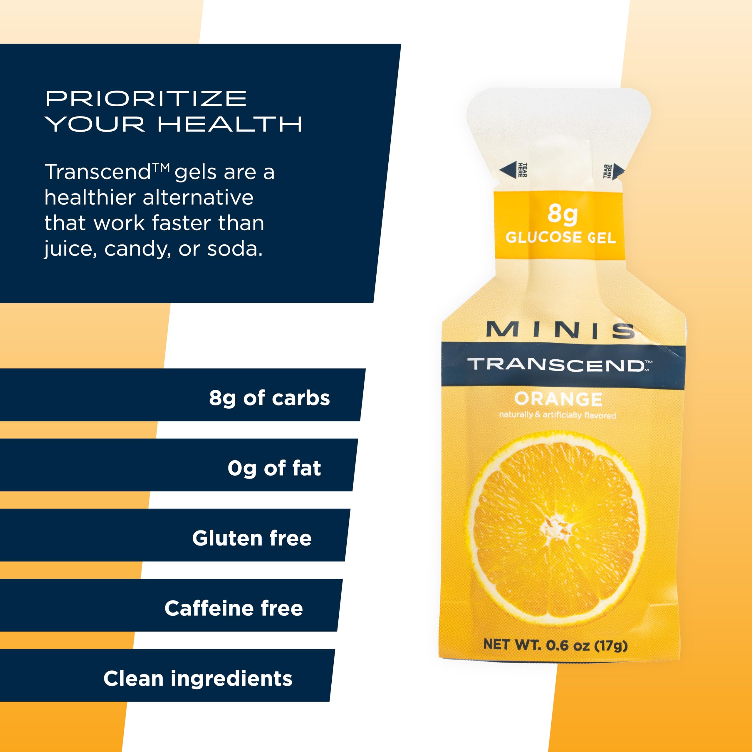 Transcend gel naranja en mano listo para consumir, beneficio de uso inmediato