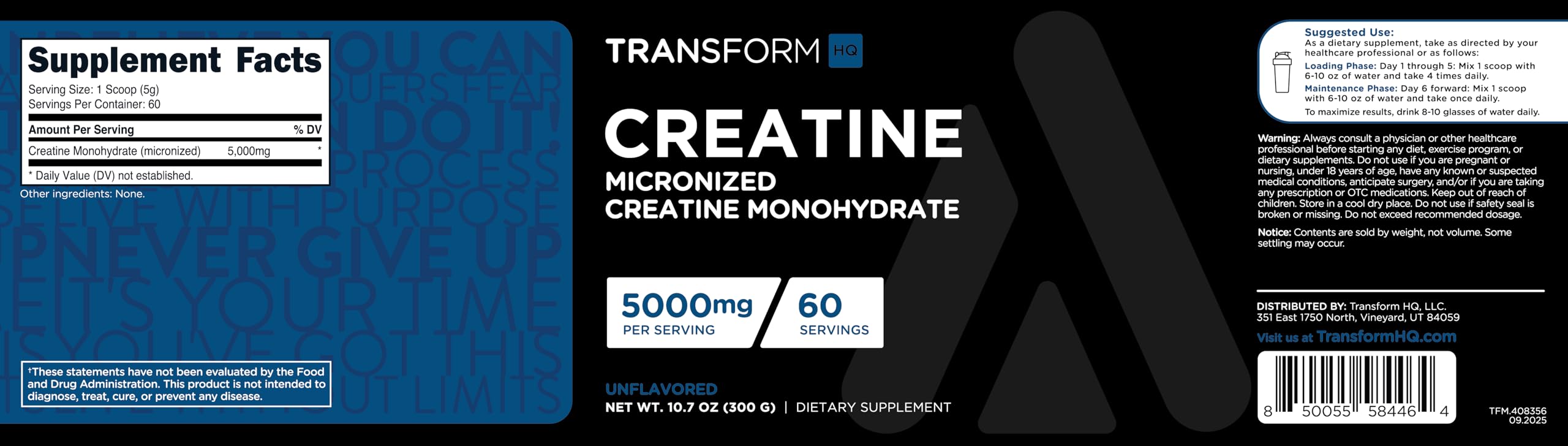 TransformHQ etiqueta en detalle mostrando certificaciones GMP y NSF para confianza