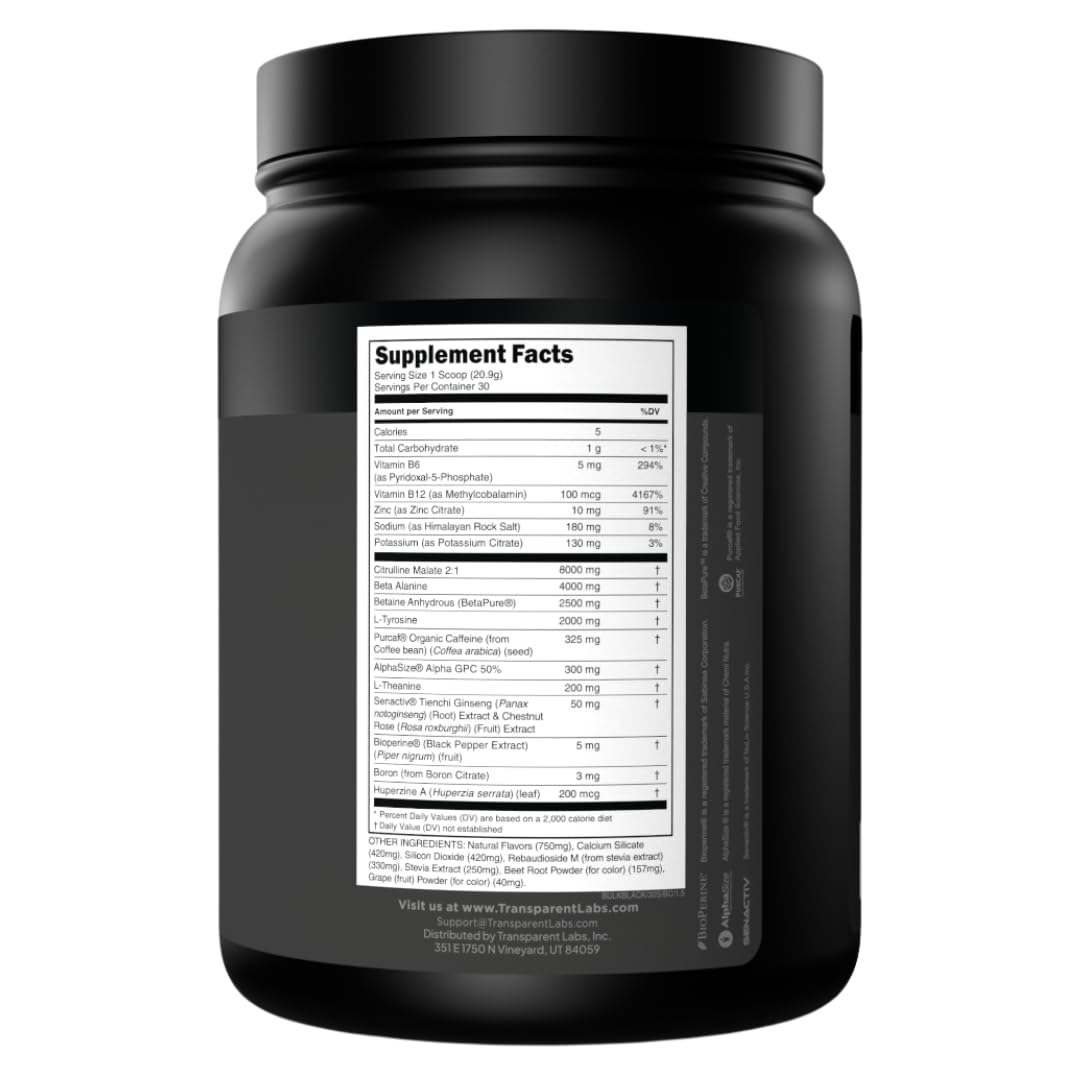 Transparent Labs panel de ingredientes Bulk Black con cifras claras y transparencia nutricional