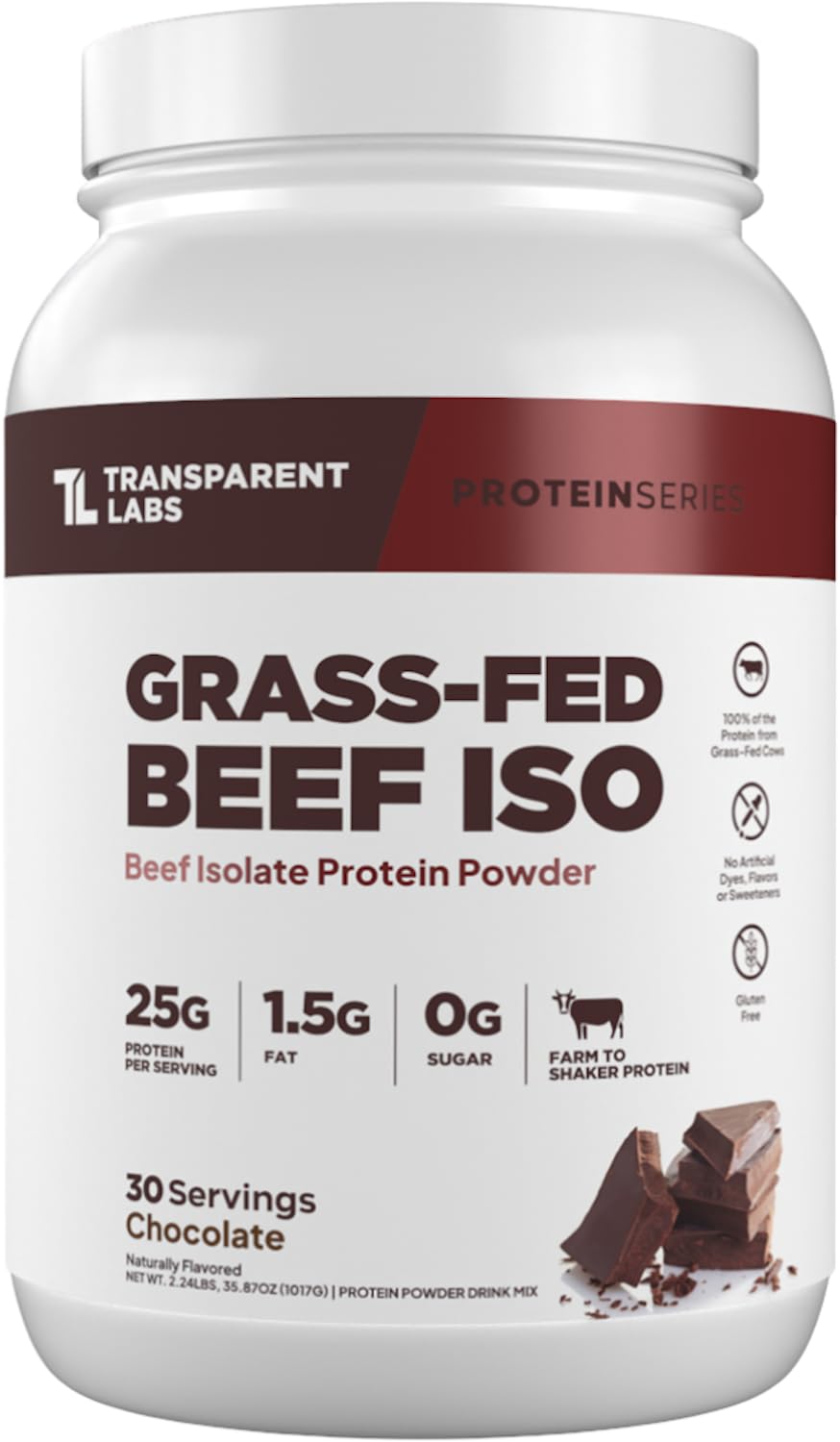 Transparent Labs envase frontal mostrando 25g proteína por porción y beneficio limpieza
