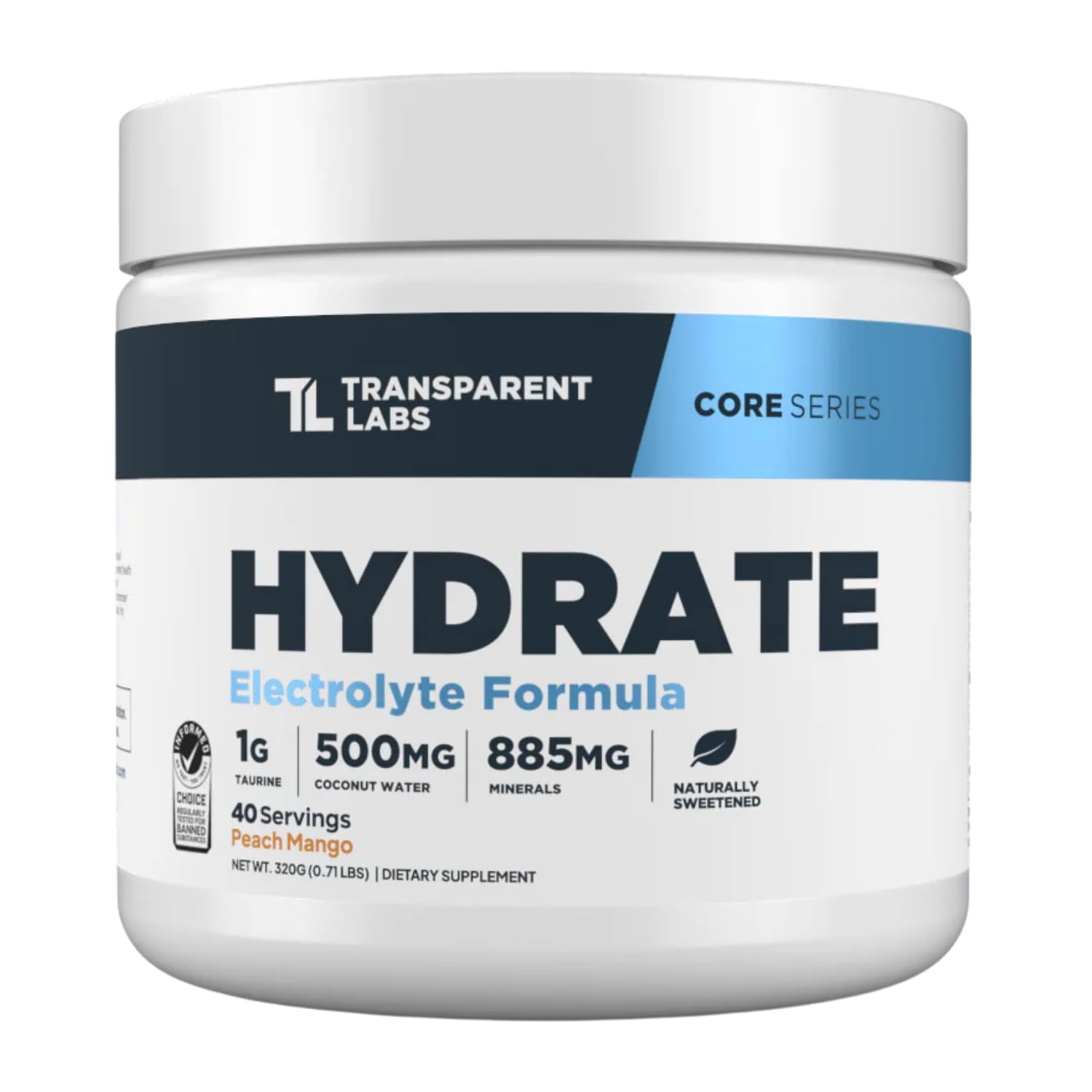 Transparent Labs bote frontal Peach Mango mostrando etiqueta clara y beneficios