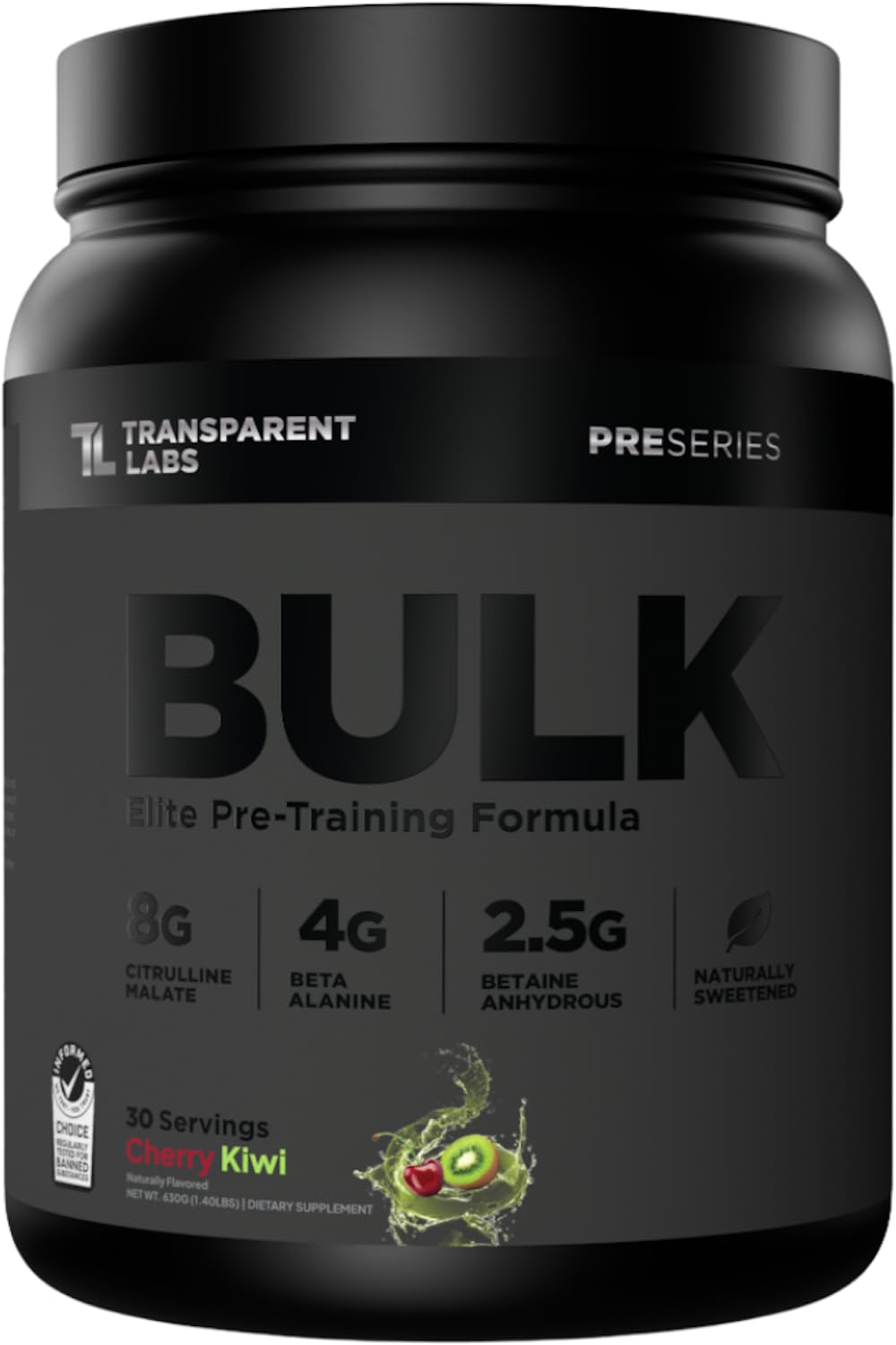 Transparent Labs frente del envase muestra sabor Cherry Kiwi y beneficios claros