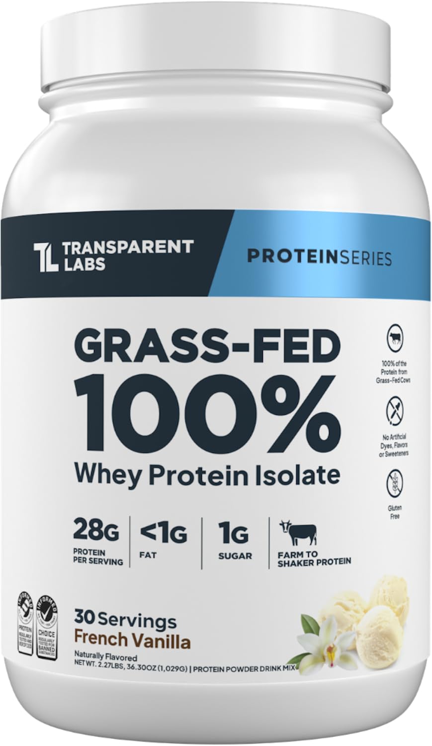 Transparent Labs paquete frontal mostrando sabor y servicio, claridad de ingredientes