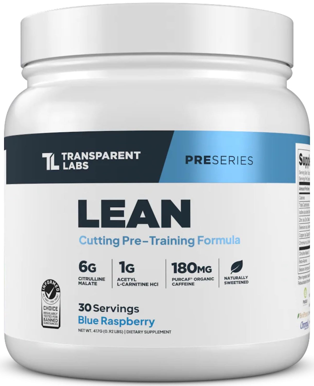 Transparent Labs envase frontal Lean Pre-Workout mostrando 30 servicios y beneficio de energía limpia