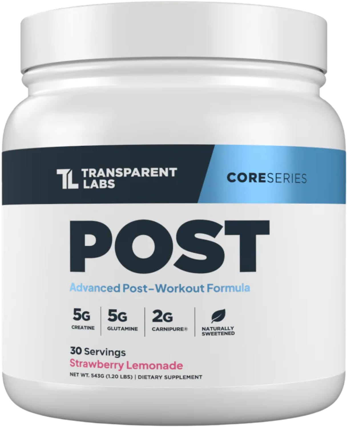 Transparent Labs bote frontal mostrando sabor fresa-limonada y beneficios de recuperación