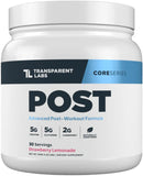 Transparent Labs bote frontal mostrando sabor fresa-limonada y beneficios de recuperación