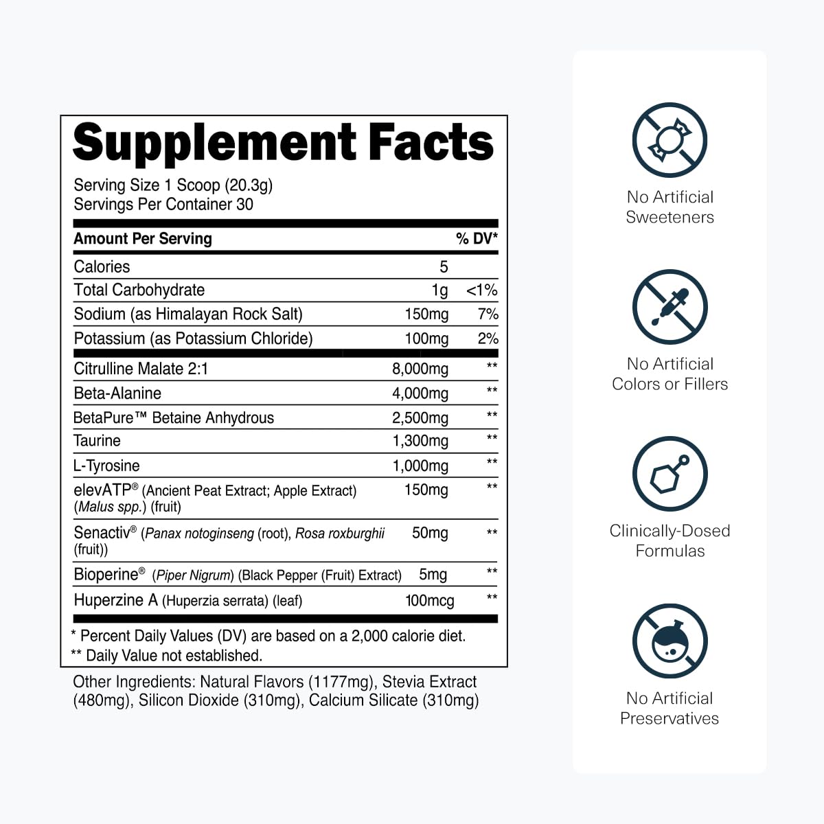 Transparent Labs etiqueta transparente detallando ingredientes y dosificaciones visibles