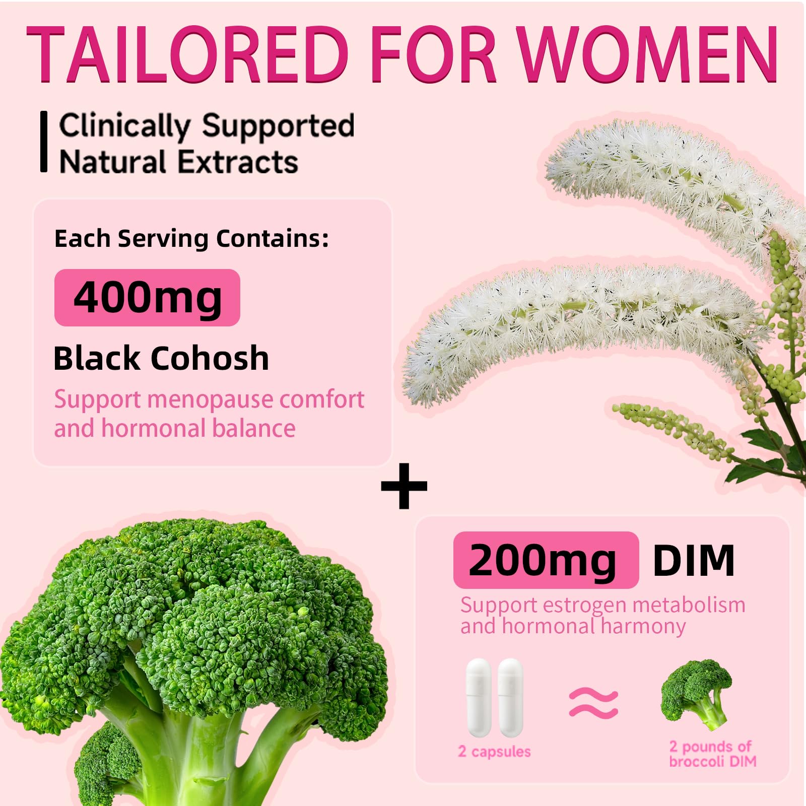 Trawecual ingredientes principales como Cohosh y DIM en primer plano
