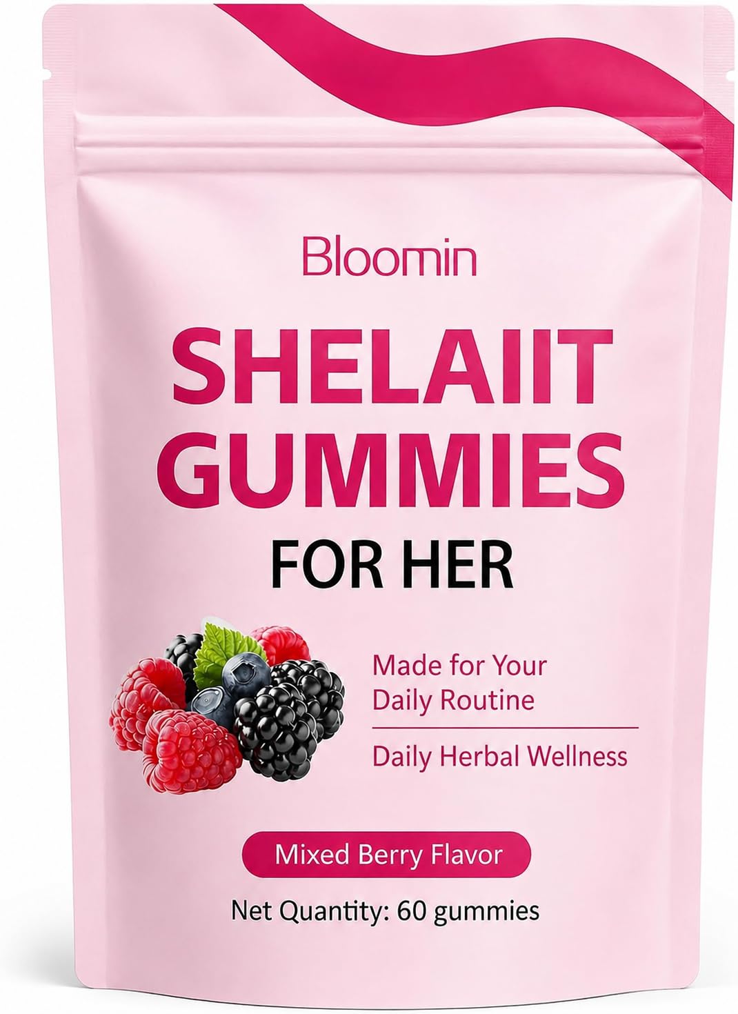 Treuil Bloomin envase frontal mostrando la bolsa resellable y 60 gomitas, conveniencia