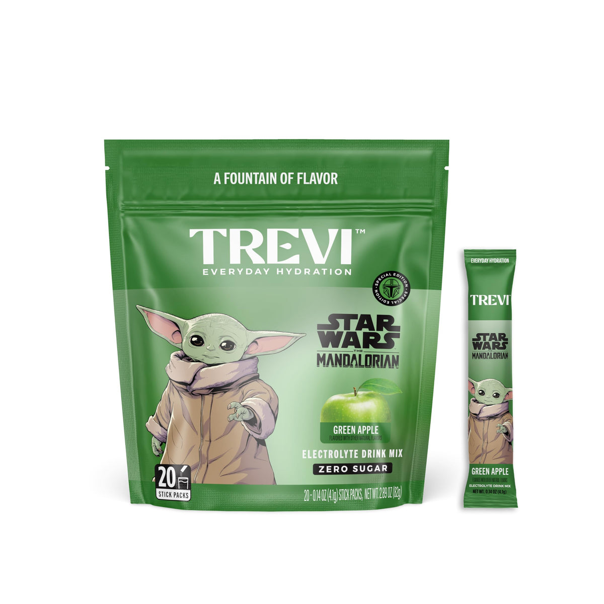 TREVI empaque frontal Green Apple mostrando sobres y beneficios claros