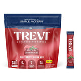 TREVI frente del empaque Cranberry Lychee mostrando 28 sobres y beneficios