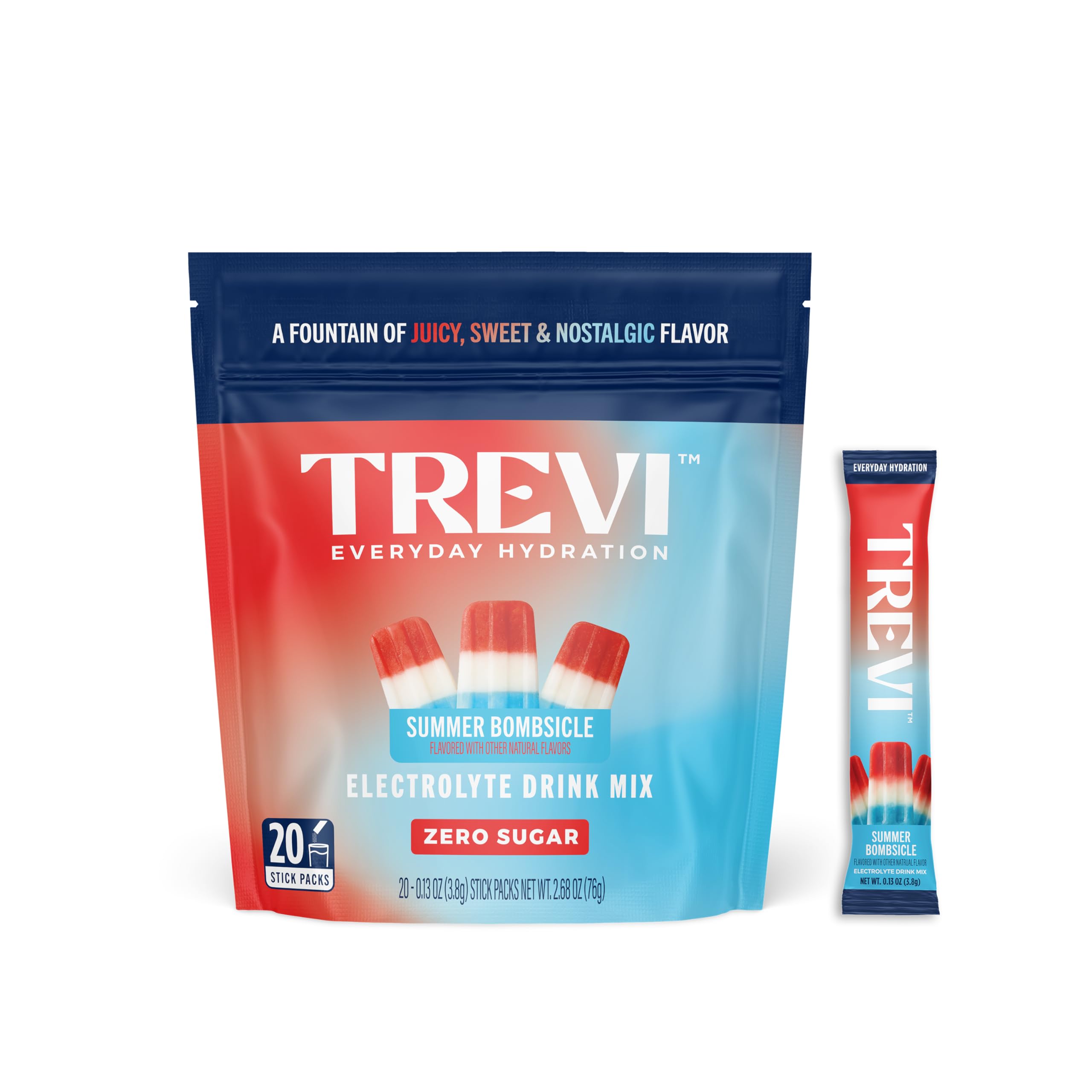 TREVI paquete frontal Bombsicle verano mostrando 20 stickpacks y beneficios prácticos