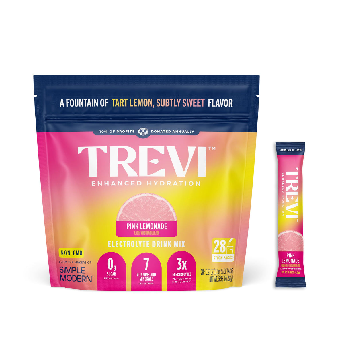 TREVI empaque frontal sabor Pink Lemonade que facilita elección y transporte