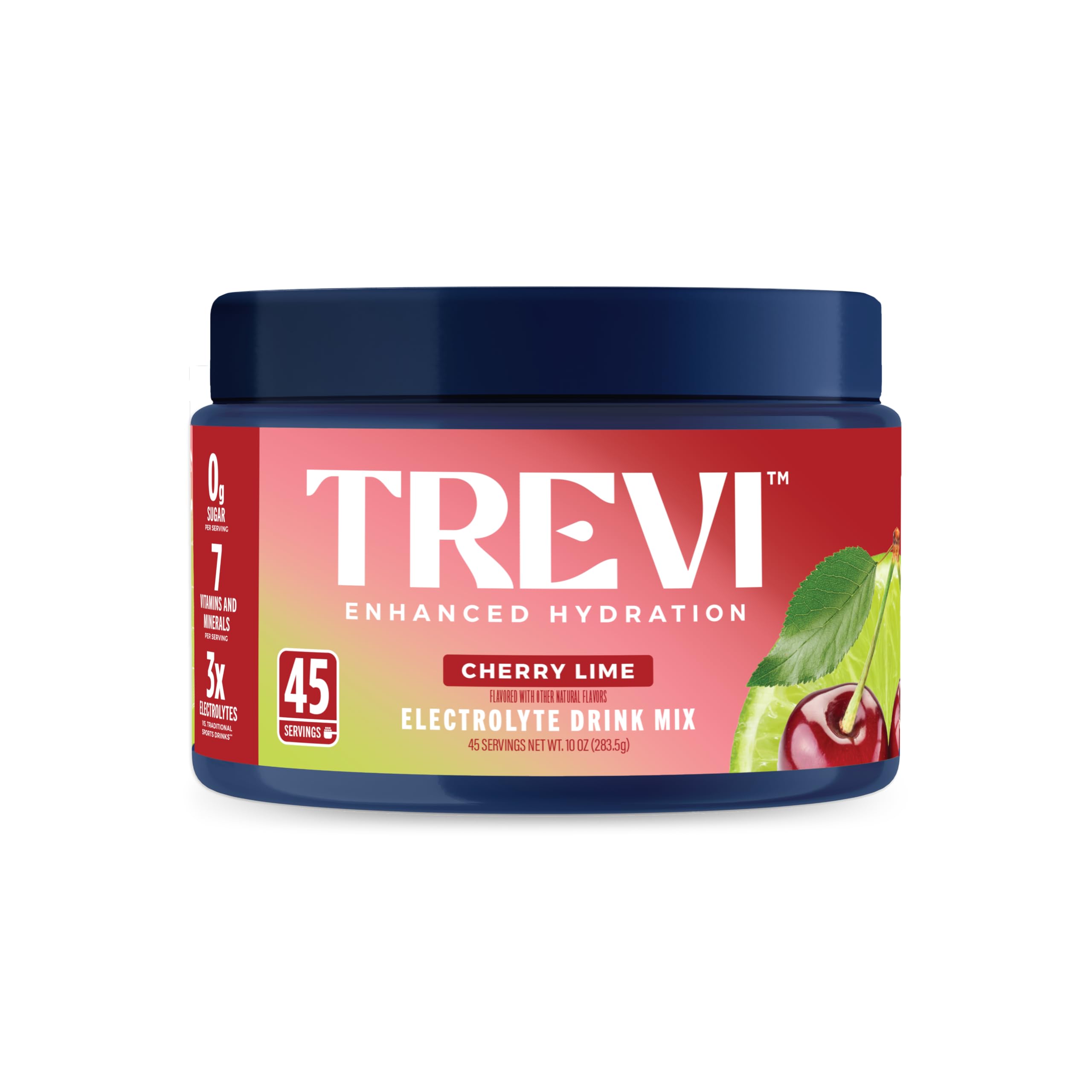 TREVI tarro frontal con etiqueta clara y sabor cereza lima, fácil identificación