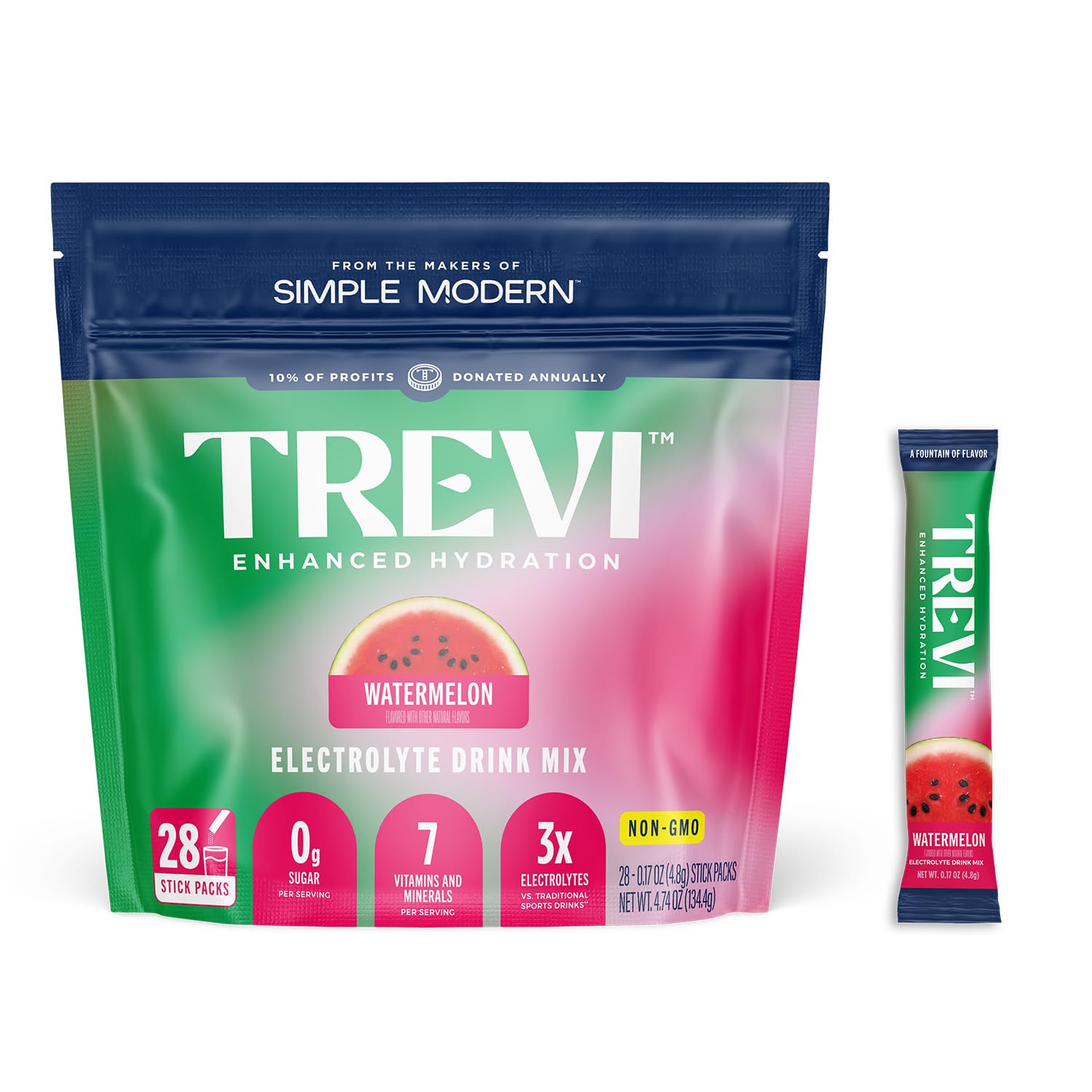 TREVI empaque frontal watermelón mostrando 28 sobres y beneficio de hidratación rápida