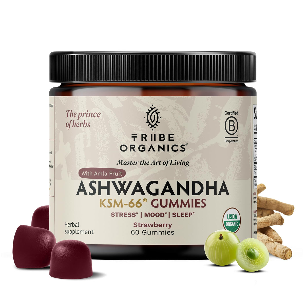 TRIBE ORGANICS frasco de 60 gomitas, formato práctico y vegano