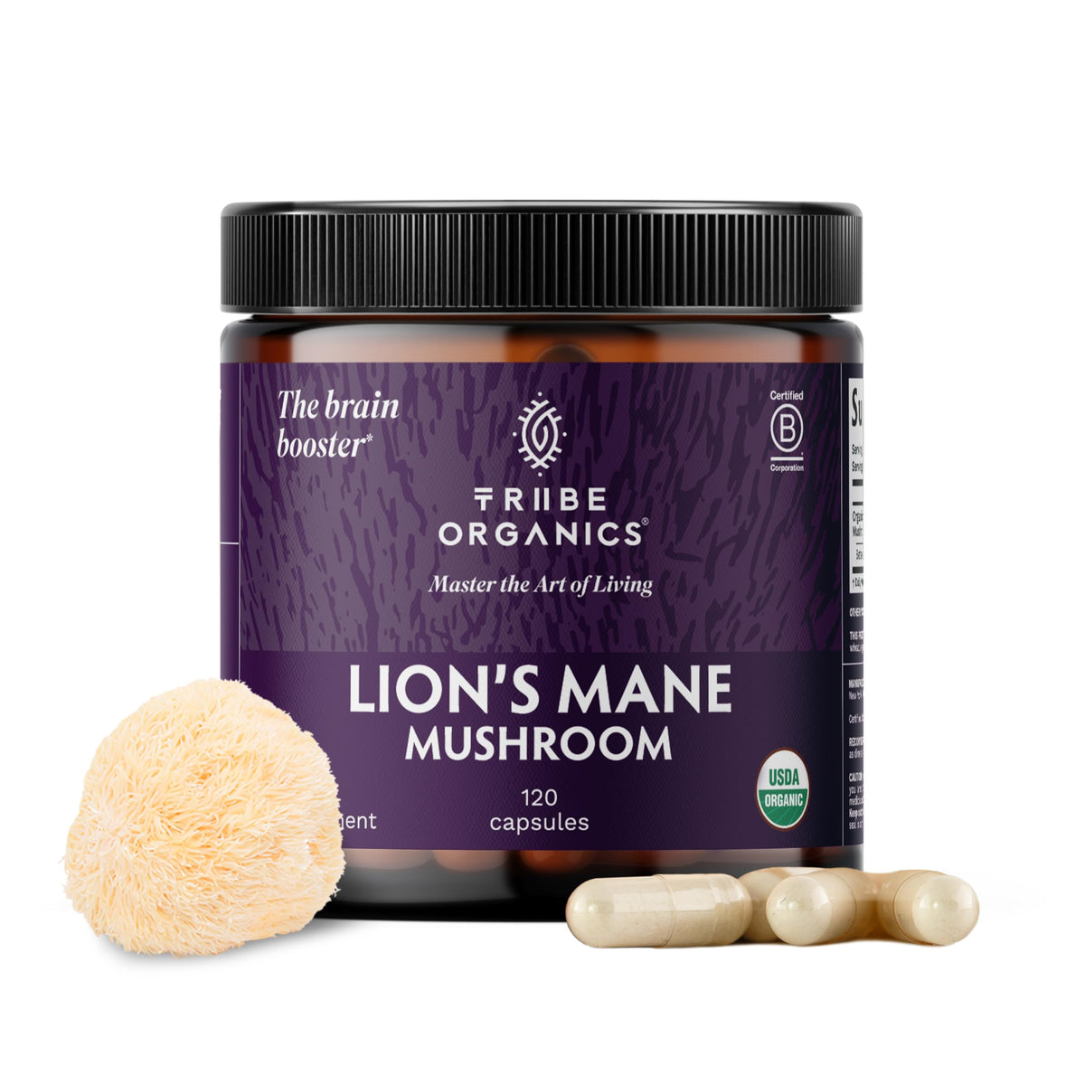 TRIBE ORGANICS frasco frontal mostrando etiqueta y beneficios claros