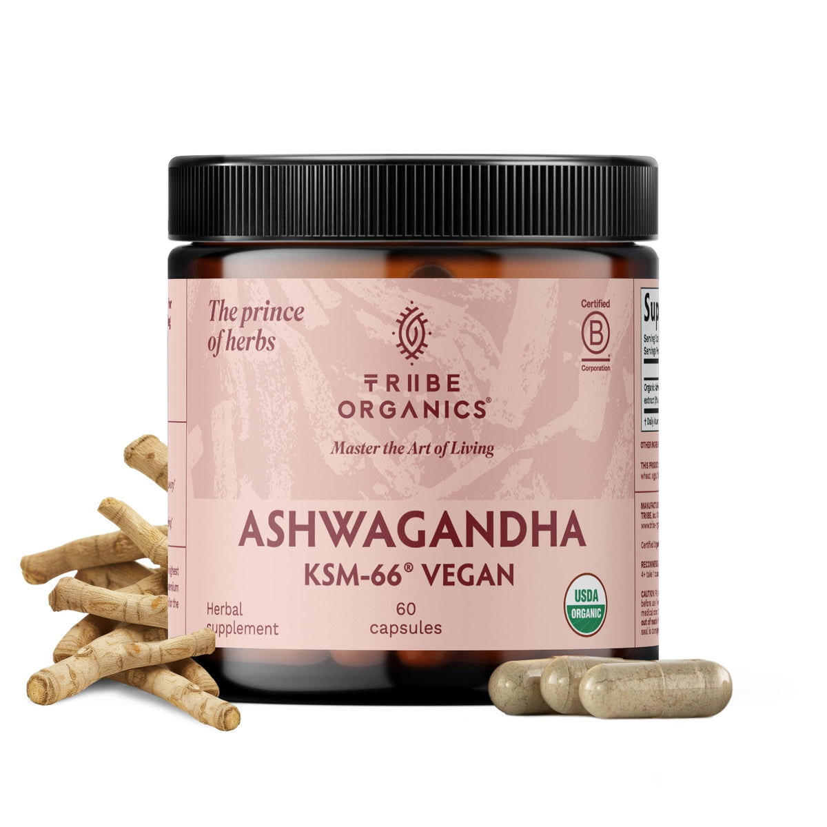 TRIBE ORGANICS envase frontal mostrando 60 cápsulas y beneficios claros