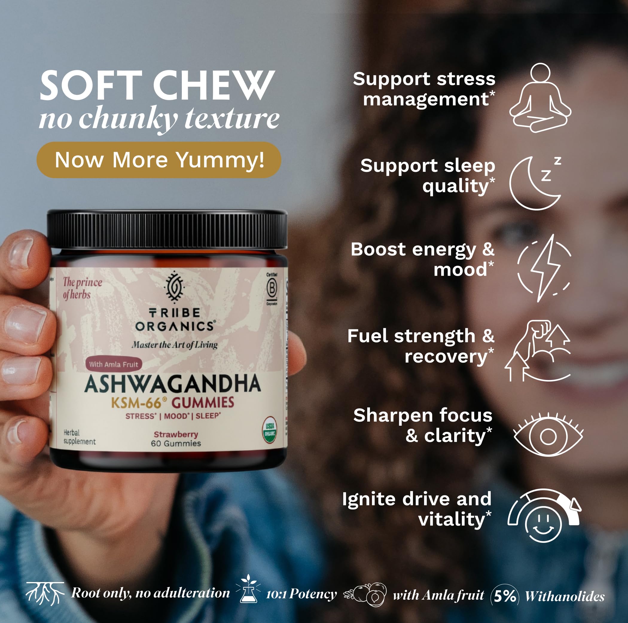 TRIBE ORGANICS gomita en mano, fácil de tomar en la rutina diaria