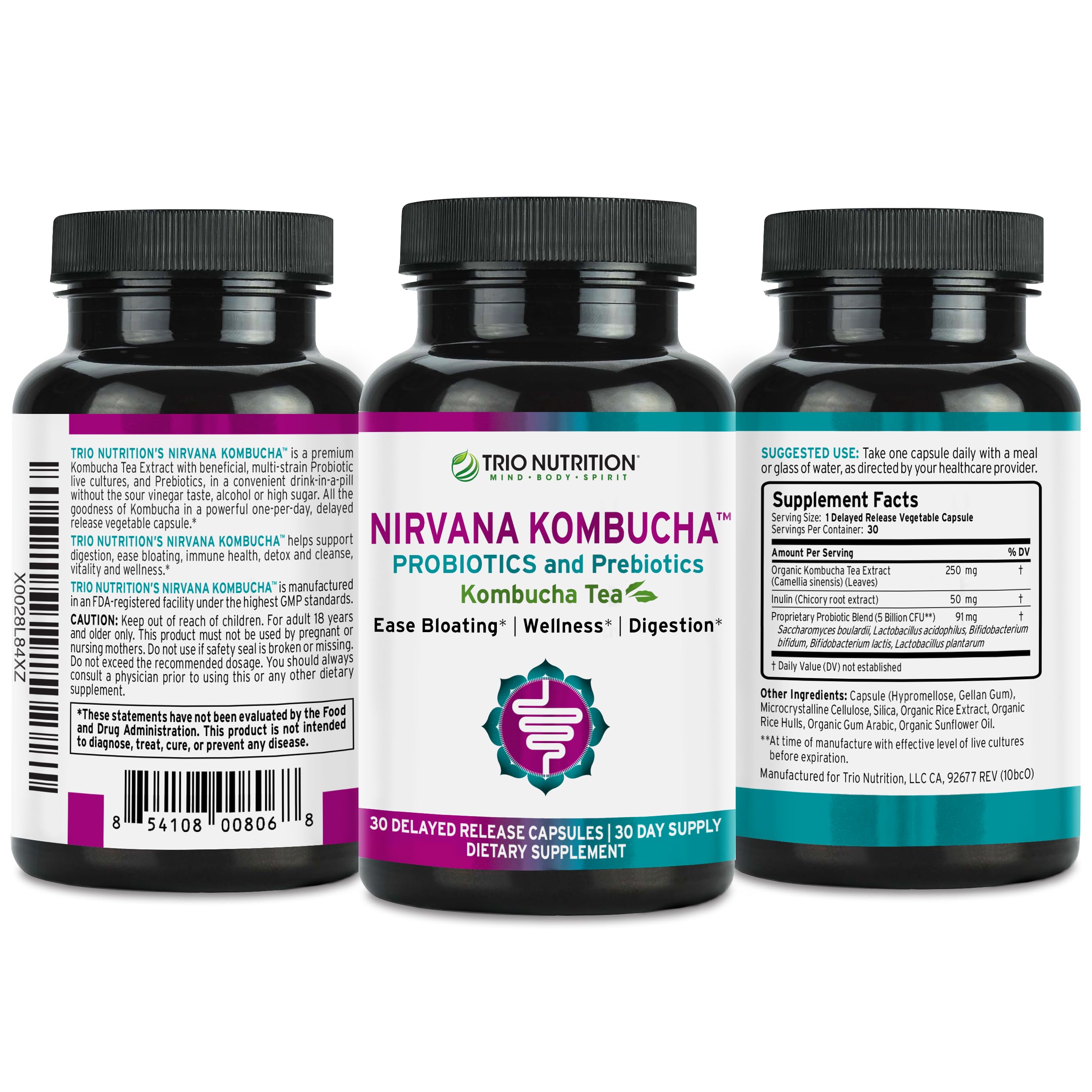 TRIO NUTRITION etiqueta con lista de ingredientes y tecnología de liberación retardada